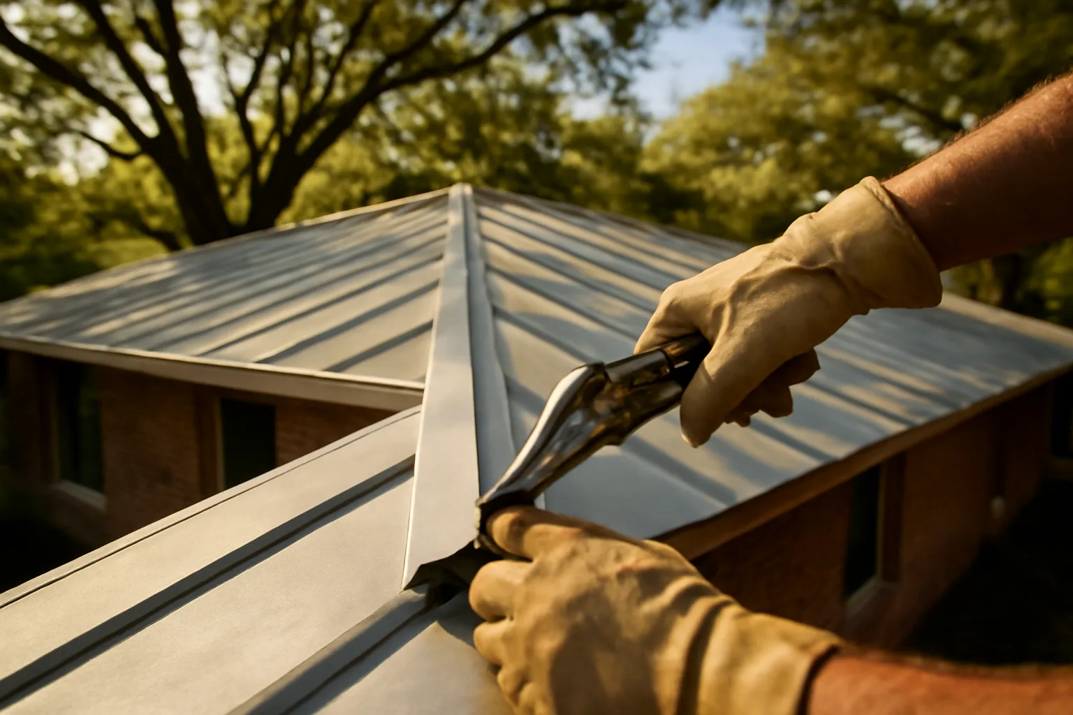 Gloved hands seaming a standing-seam roof on a Georgia ranch