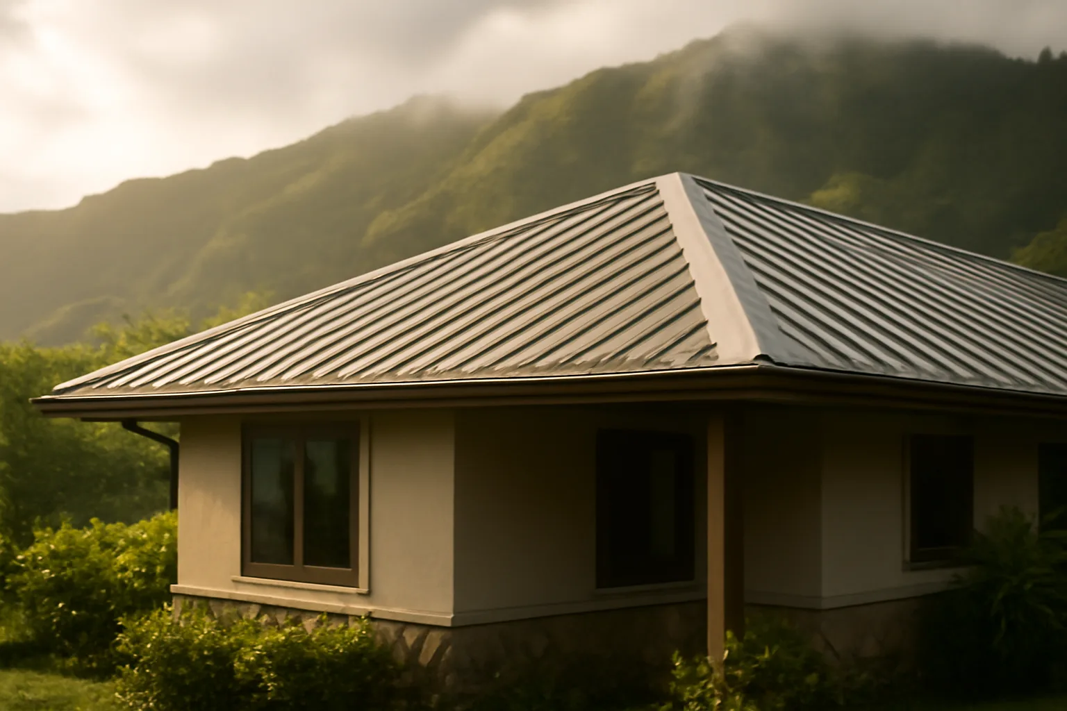 Standing-seam metal roof on a Honolulu hillside house after rain