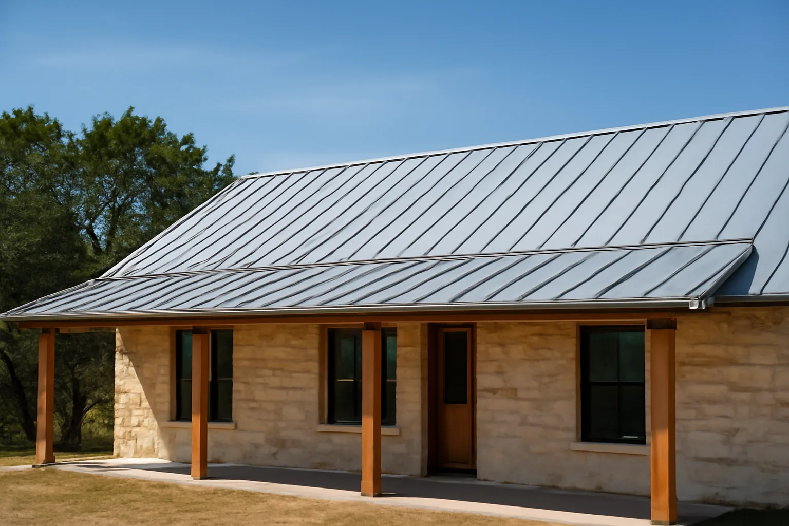 Galvalume standing-seam metal roof on a Texas ranch house in morning light