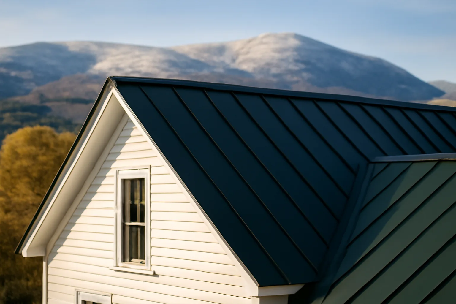 Dark green standing-seam metal roof on a Vermont farmhouse with mountains behind