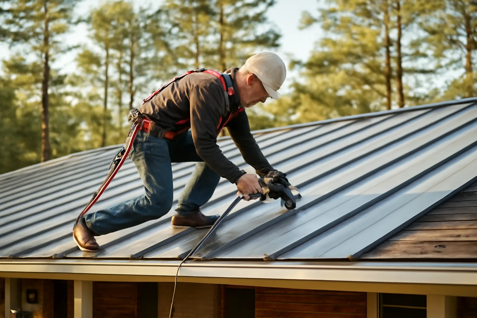 Worker seaming a standing-seam panel on an Alabama ranch house roof