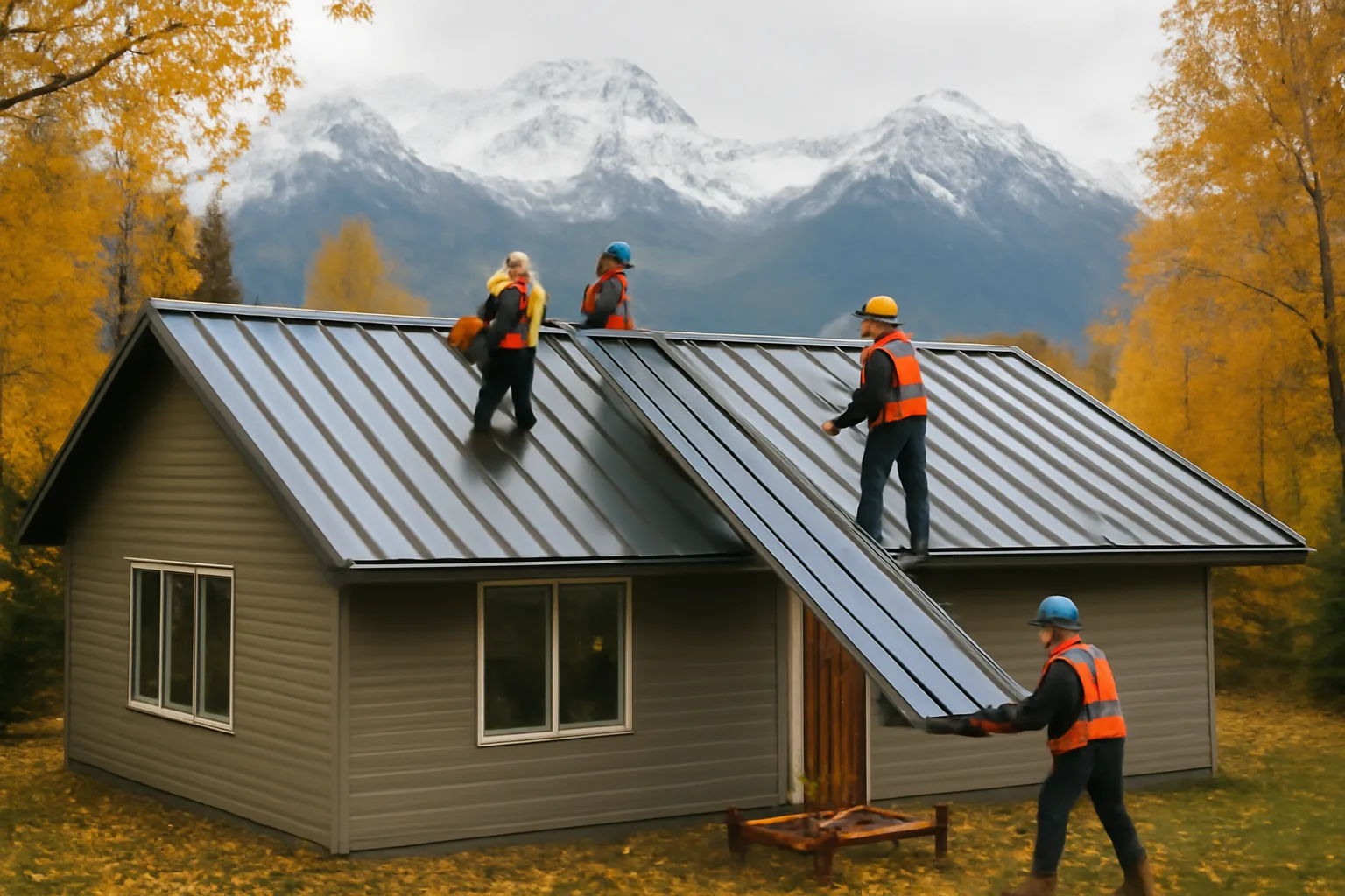 standing-seam roof renewal on Alaska home with mountains behind